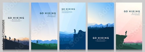 Vector illustration. Travel concept of discovering, exploring and observing nature. Hiking. Climbing. Adventure tourism. Flat design for flyer, voucher, poster, invitation, gift card.