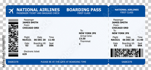 Boarding pass template with sample text and qr code. Air travel concept for travel design or business meetings. Vector paper boarding pass with tear line on transparent background.