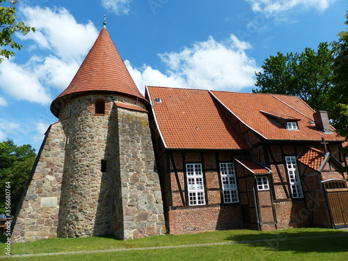 Church Saint Remigius with romanic bell tower in Suderburg (built between 1737 and 1739), Lüneburg Heath, Uelzen District, Lower Saxony, Germany.