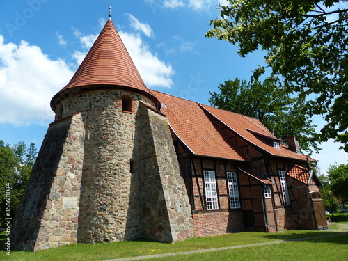 Church Saint Remigius with romanic bell tower in Suderburg (built between 1737 and 1739), Lüneburg Heath, Uelzen District, Lower Saxony, Germany.