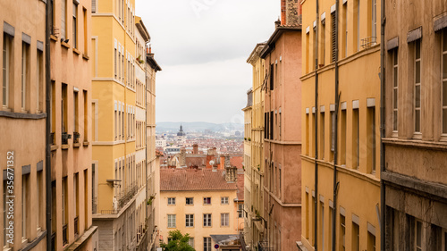 Lyon, typical street in the Croix-Rousse, with colorful buildings 