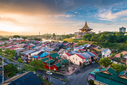 Wide shot of Kuching city skyline on a beautiful sunset evening, Sarawak