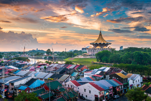 Panorama view of Kuching city skyline on a beautiful sunset evening, Sarawak