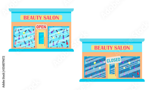 The beauty salon is open and closed.A collection of store facades isolated on a white background.Vector illustration in flat style