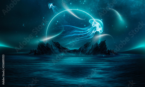 Night fantasy natural landscape with mountains and ocean. Night sky, stars and silhouettes of neon jellyfish. Dark futuristic landscape in blue neon light.