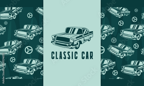 Hand drawn classic car with seamless pattern vector set