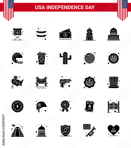 USA Happy Independence DayPictogram Set of 25 Simple Solid Glyph of landmark; building; dollar; usa; chrysler