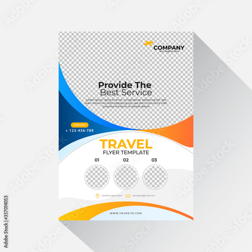 Travel flyer template design with contact and venue details