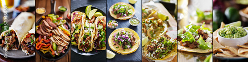 mexican food collage with tacos, fajitas and burritos