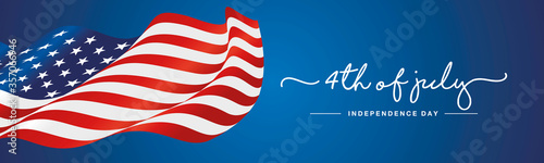 4th of july Independence day handwritten typography text USA wavy flag blue background banner