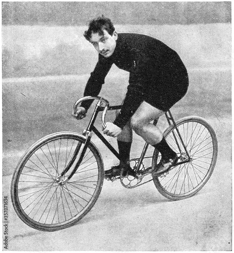 The winner of the Track cycling Grand Prix de Paris (1895, 1896, 1897) - Ludovic Morin. Illustration of the 19th century. White background.