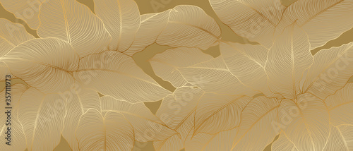 Luxury gold and nature line art ink drawing background vector. Leaves and Floral pattern vector illustration.
