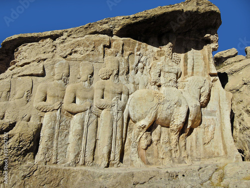 Bas-relief known as 'Shapur Parade', depicting Sassanid King Shapur I (right), his family & courtiers. Relief symbolises military victory over Romans. Naqsh-e Rajab (near Persepolis), Marvdasht, Iran