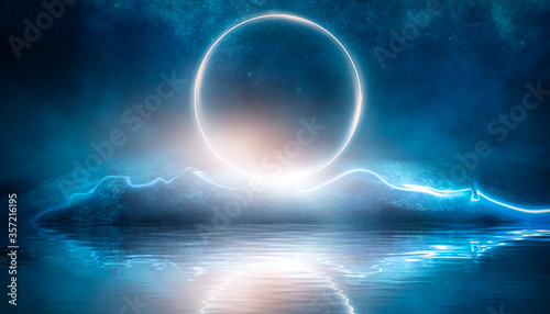 Futuristic night landscape with abstract landscape and island, moonlight, shine. Dark natural scene with reflection of light in the water, neon blue light. Dark neon background.
