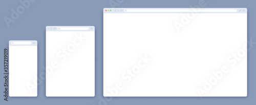 Browser mockups. Website window for different devices as desktop computer or laptop, tablet and mobile screen. Empty internet template page network vector set illustration. Responsive web design.