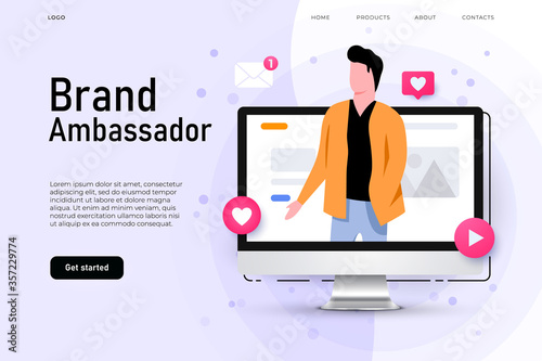 Brand ambassador illustration concept with man on the desktop screen who represent brand company.