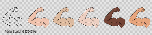 Biceps of a sports person. Body flexion or strong biceps logo. Set of vector icons