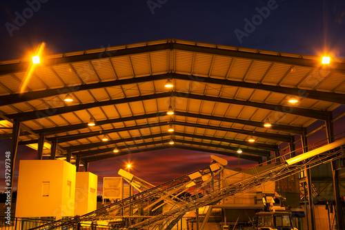 Illuminated granary at night