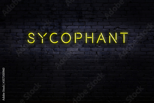 Night view of neon sign on brick wall with inscription sycophant