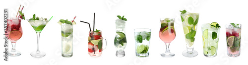Different fresh mojito cocktails on white background