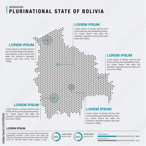 Bolivia country map infographics vector with pointer marks and circle chart template. Infographics layouts. Vector illustration