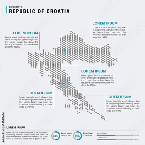 Croatia country map infographics vector with pointer marks and circle chart template. Infographics layouts. Vector illustration