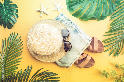 Summer holiday flat lay, Womans accessories on colorful background, Vacation, summer and travel items