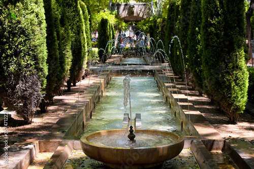 View of water fountain and trees at Hort del Rei park