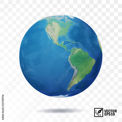 3D realistic, isolated vector earth, globe with view of the continents of North and South America