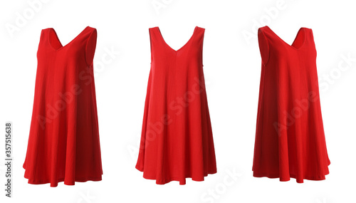 Set of beautiful short red dresses from different views on white background