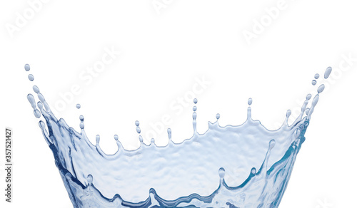 Realistic water splash in light blue colors. Crown with drops and spray from the object falling into the liquid. Isolated on white background. 3D illustration