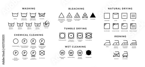 Laundry care icons. Machine and hand wash advice symbols, fabric cotton cloth type for garment labels. Vector illustrations symbolism wash description