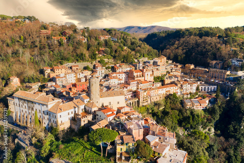 aerial view of the town of nemi on the roman castles with lake view