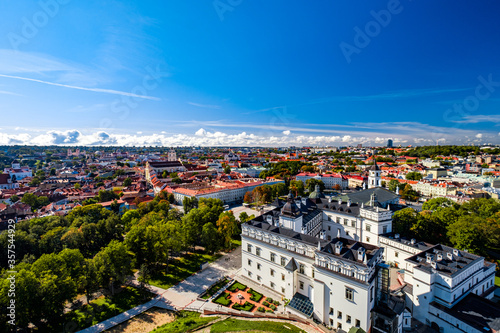 Aerial view of Old Town Vilnius, Lithuania with The Palace of the Grand Dukes of Lithuania in the foreground