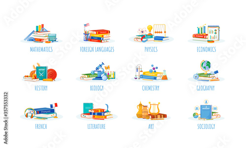 School subjects flat concept vector illustrations set