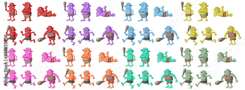 Set of colorful goblin or troll in different poses in cartoon character isolated