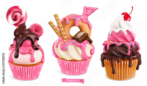 Cupcakes with raspberries, donut, chocolate. 3d realistic vector sweet desserts. Food icons