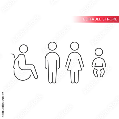 Toilet or wc thin line vector symbols set. Men, women, disabled, diaper changing icons. Outline, editable stroke.