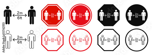 Set keep distance sign. Coronavirus epidemic protective equipment. Preventive measures. Steps to protect yourself. Keep min the 2 meter distance