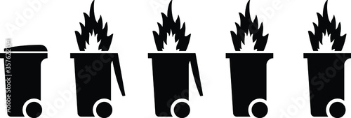 Trash/rubbish wheelie bin icons with fire. Dumpster fire concept.