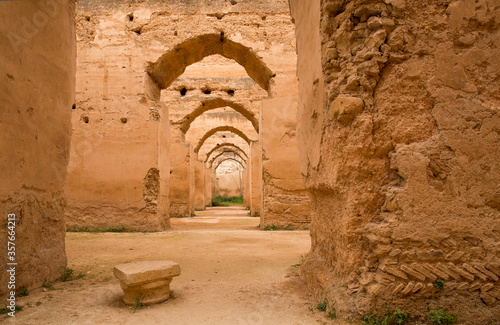 Ancient ruins of Royal Stables and Granaries in Meknes, Morocco, used to provide stabling for 12,000 royal horses. A UNESCO world heritage site. 