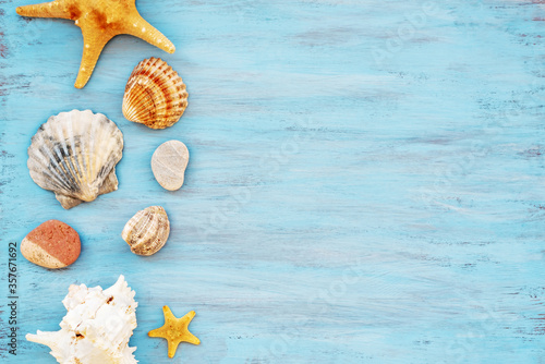 beach scene concept with sea shells and starfish on blue wooden backdrop