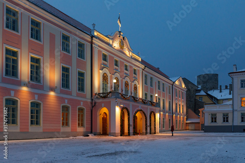 Night view of Estonian Parliament building in winter. Tallinn