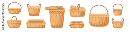 Set of various realistic empty wicker baskets vector illustration. Collection of straw handmade container or pannier isolated on white background. Decorative accessories for storage or carrying