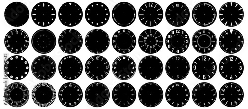 Circle clock face marks. Minutes, seconds and hours clockwise marked on clocks watchface precision scale. Modern, elegant and antique watch faces with arabic numerals vector illustration set