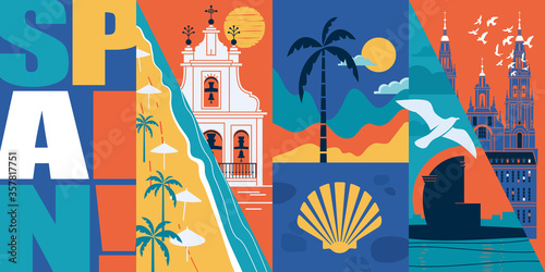 Spain vector skyline illustration, postcard. Travel to Spain modern flat graphic design banner