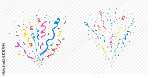 Confetti explosion set on transparent background vector illustration. Celebration of holiday or birthday. Festive ribbons multicolor crackers. Flying colored papers
