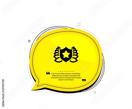 Award shield icon. Quote speech bubble. Laurel wreath symbol. Laureate sign. Quotation marks. Classic laureate icon. Vector