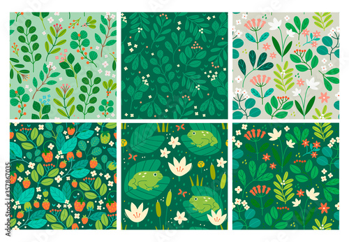 Various Branches, Flowers, Leaves, Frogs, Water Lillies. Hand drawn Vector illustrations. Design for fabric, textile, wrapping paper. Set of six Colorful Seamless Patterns, Wallpapers, Backgrounds