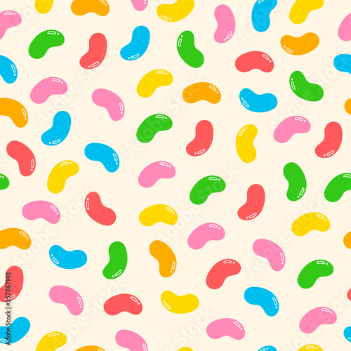 Colorful Fruity and tasty Sweets and candies. Various Gummy and Jelly Beans. Hand drawn Vector Trendy illustration. Cartoon style. Seamless Pattern, Background, Wallpaper. Perfect for prints